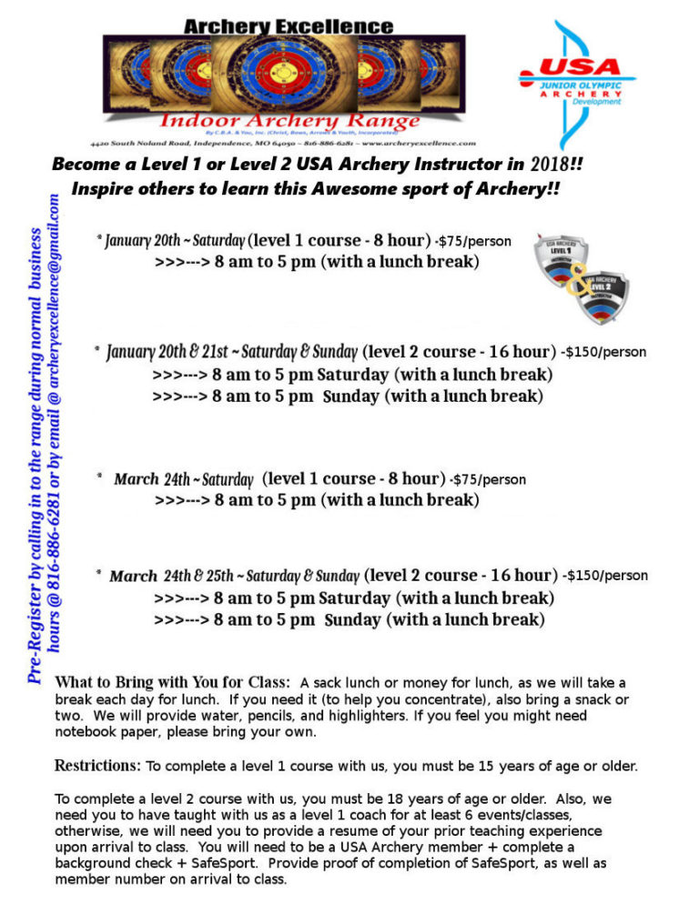 New Archery Instructor/Trainer classes in January and March 2018 at